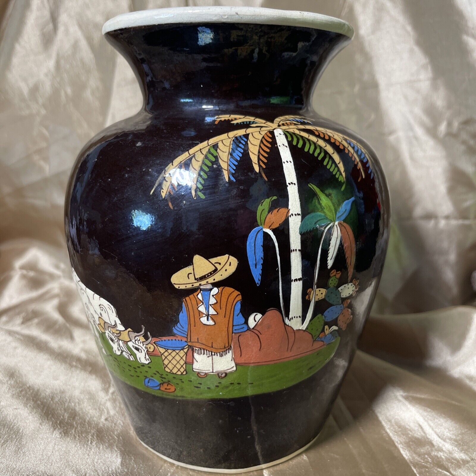 Lg 1940s Vintage Dark Brown Tlaquepaque Mexican Tourist Pottery Vase