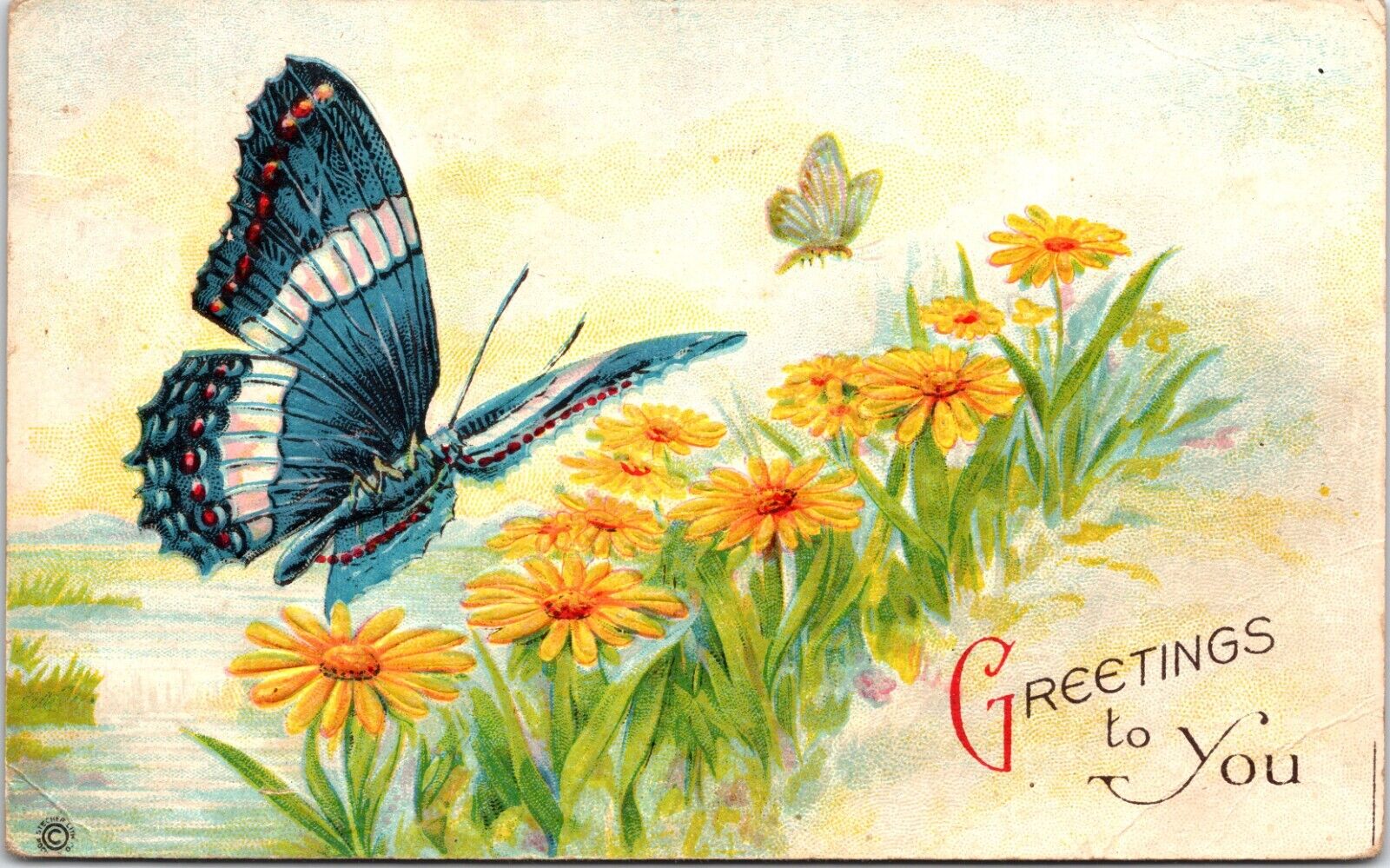 Vintage Embossed Postcard Greetings To You Butterfly & Flowers Posted 1923