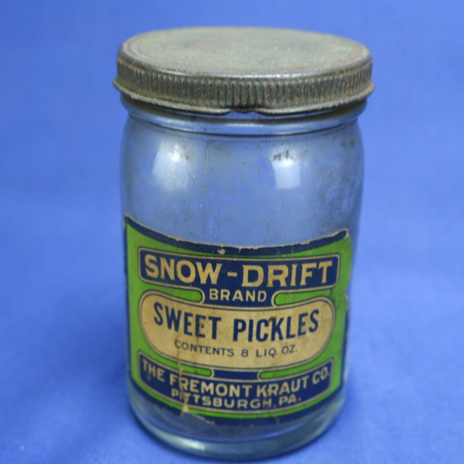 Vintage Snow Drift Sweet Pickles Jar The Fremont Kraut Co. Pittsburgh PA