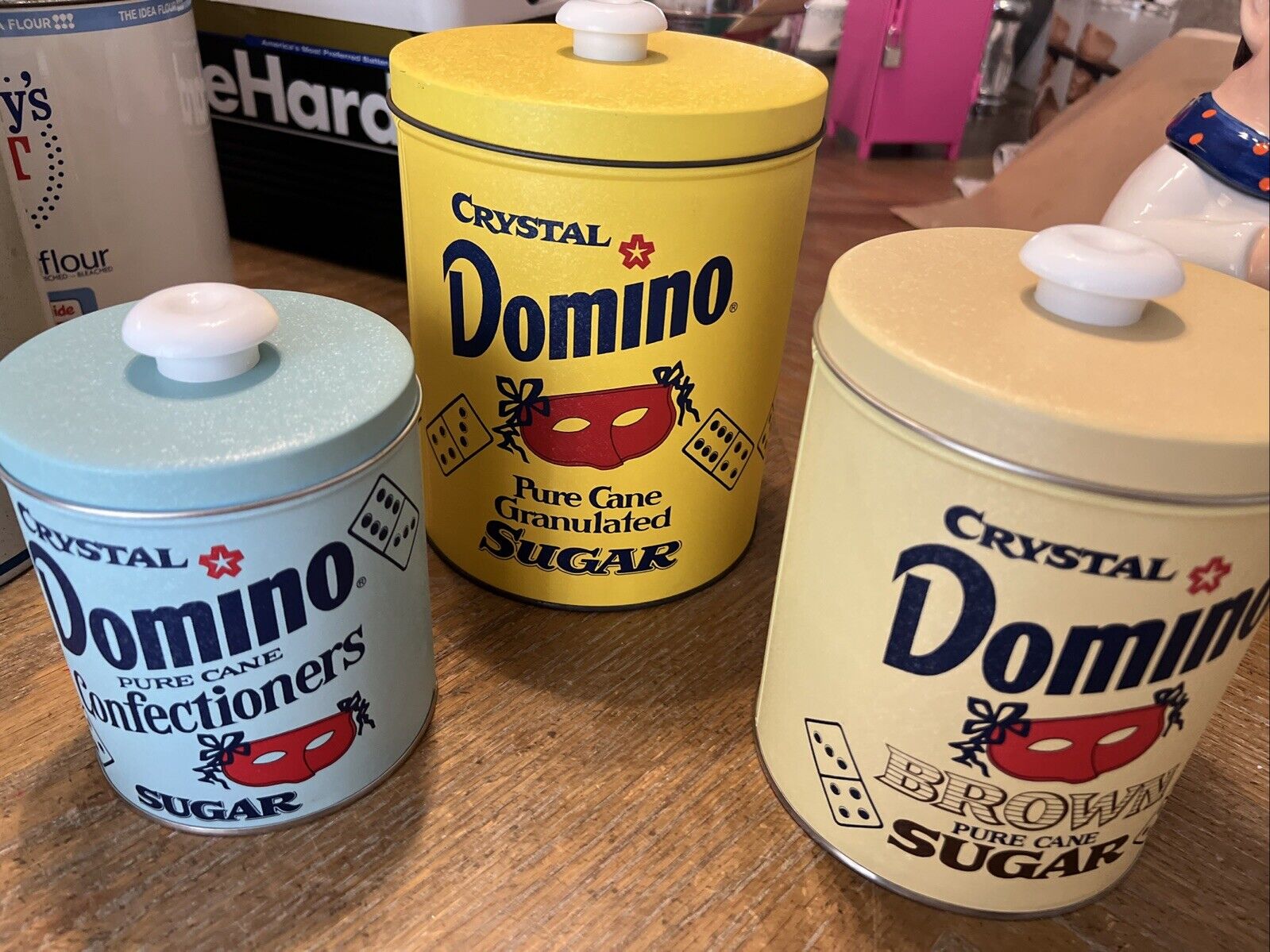 Vintage Crystal Domino Sugar Canisters Kitchen Nesting Set 3 Tins Confectionery