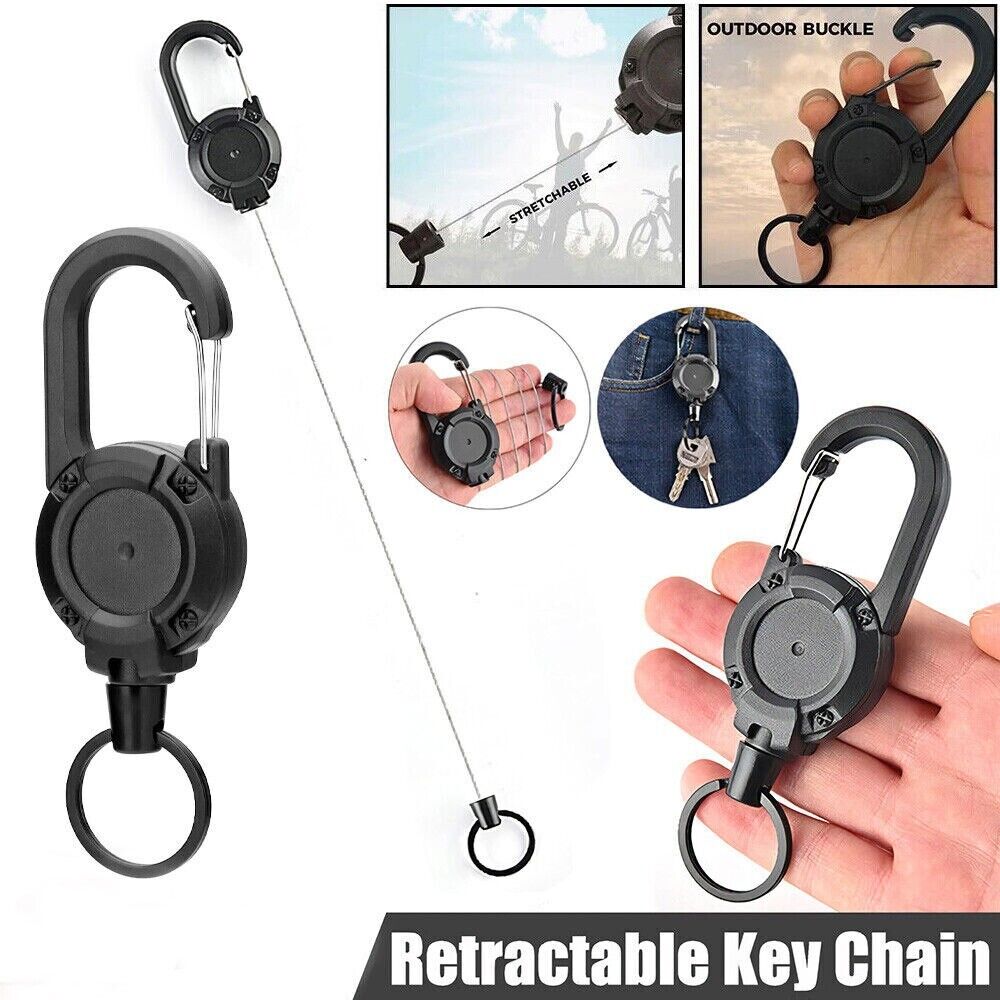 Heavy Duty Retractable Carabiner Car Key Chain Badge Holder Steel Cord Keychain