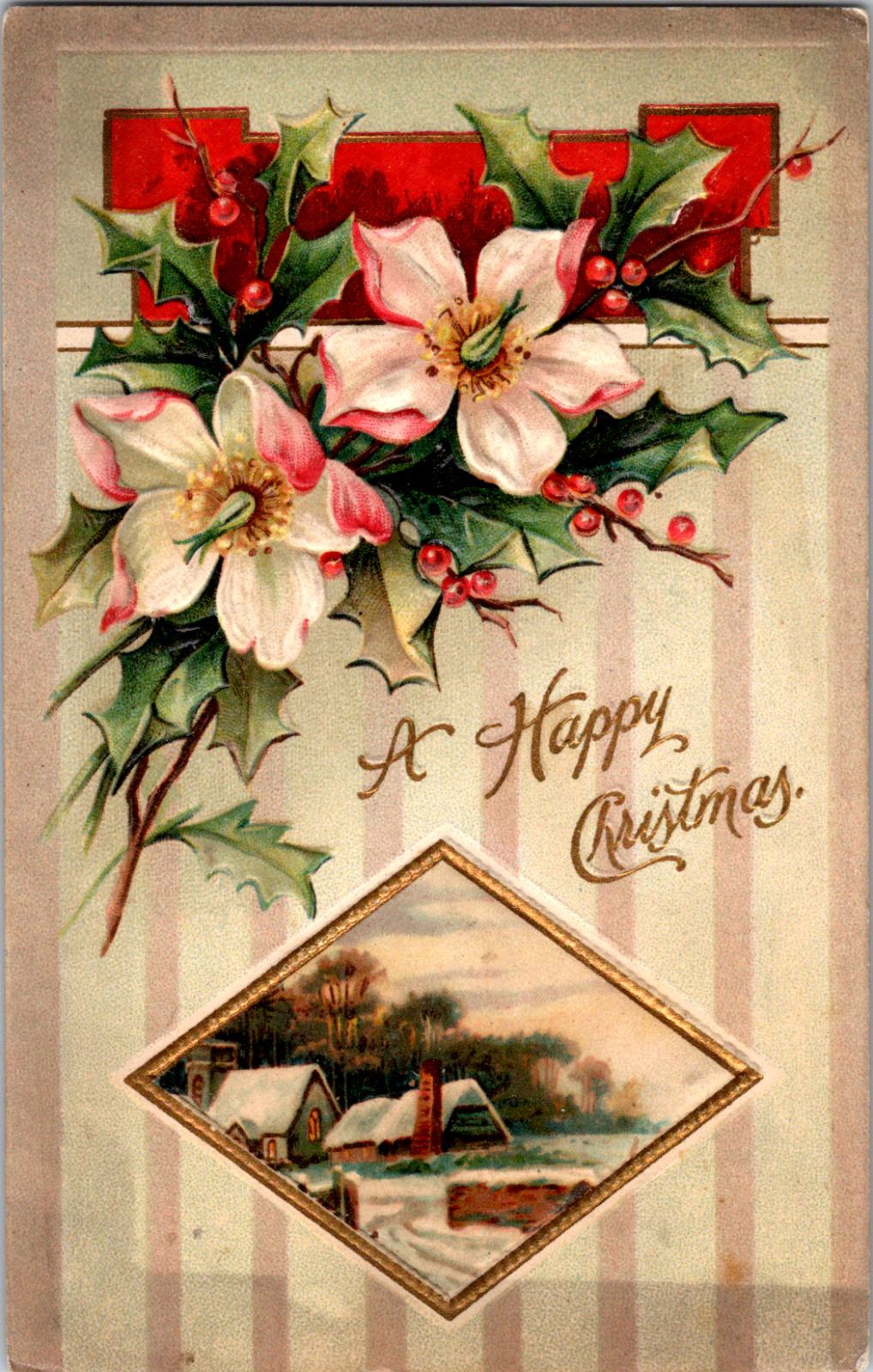 Vintage C. 1909 A Happy Christmas Holly Flower Bouquet Winter Farm Postcard PA