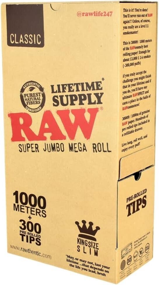 RAW Classic Super Jumbo Mega Roll 1000 Meters Rolling Paper, 300 Tips