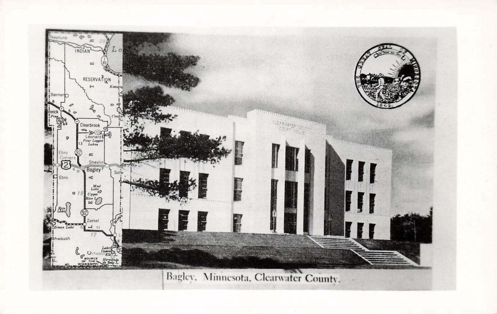 RPPC Bagley Minnesota MN Clearwater Cty Court House State Map Photo Postcard E23