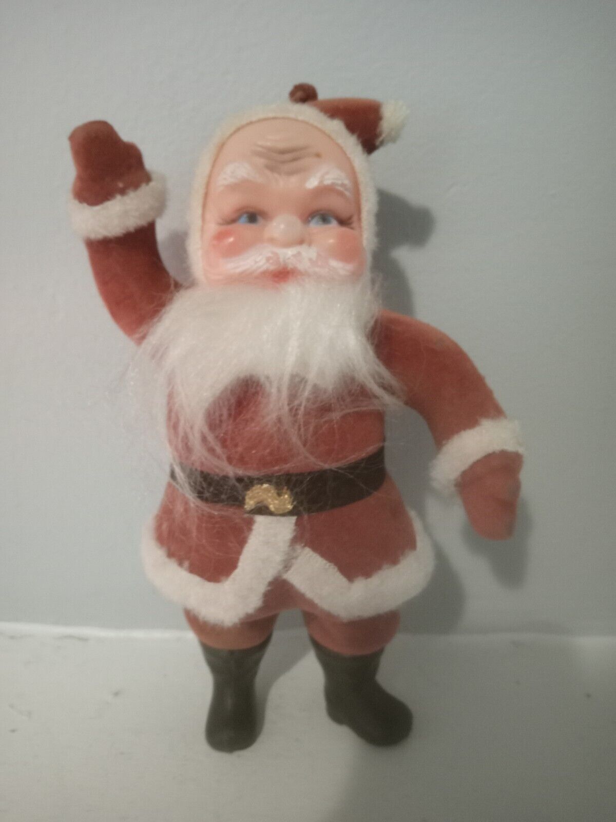Vintage Flocked Creepy Santa Clause Figure on Base Christmas Decor 9\
