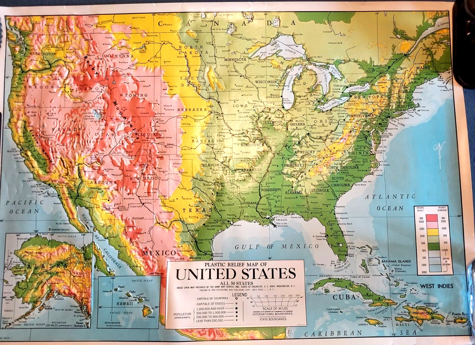Vintage 1963 Plastic Relief Map of The United States Educational Aids U. S. Army