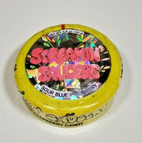SCREAMIN' SAUCERS Vintage 1990's UNOPENED Sour Blue Raspberry Puck Candy *RARE*