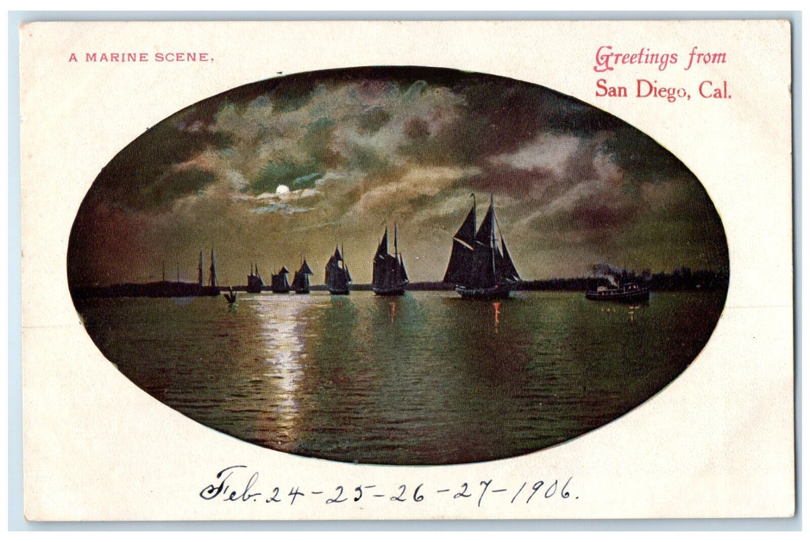 1906 A Marine Scene Greetings from San Diego California CA Postcard