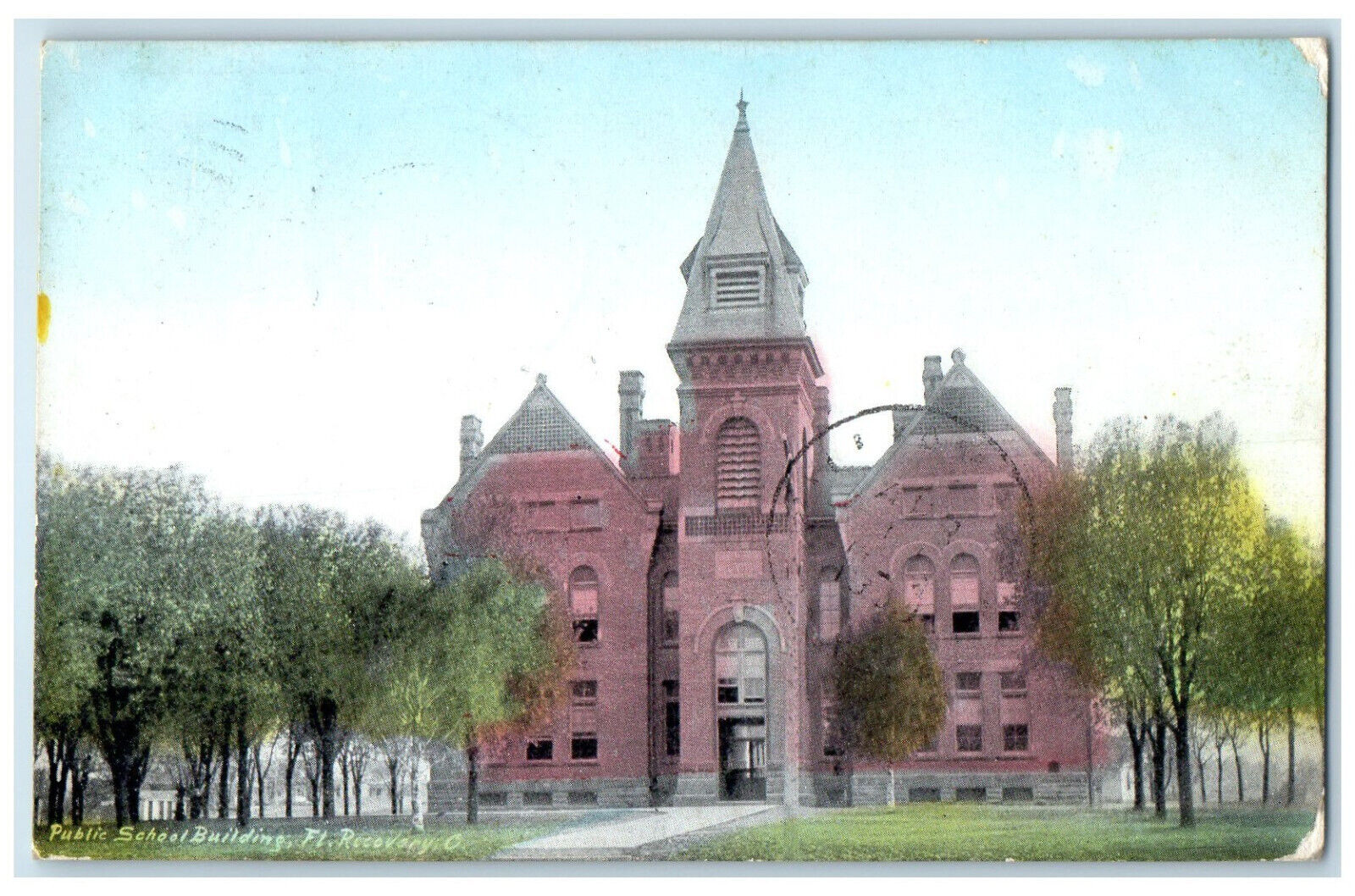 1909 Public School Building Entrance Fort Recovery Ohio OH Posted Postcard