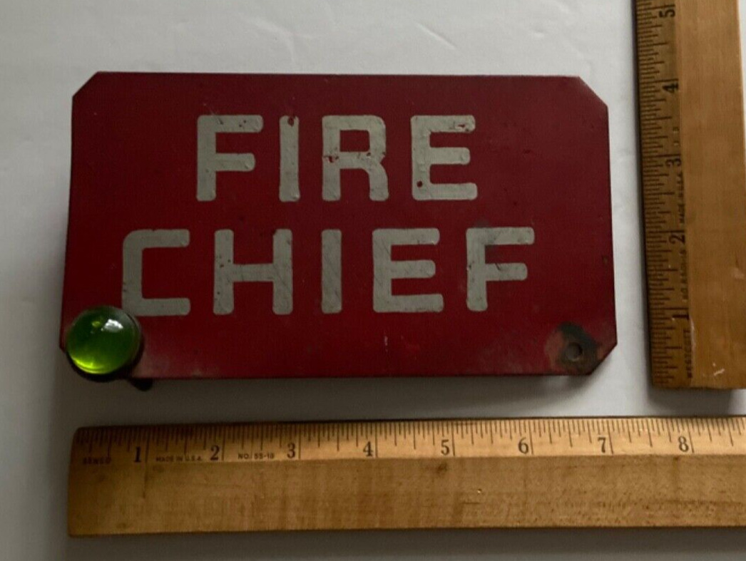 Original 1930s-1950s FIRE CHIEF Fire Dept. Vanity Plate w/Green Glass Attachment