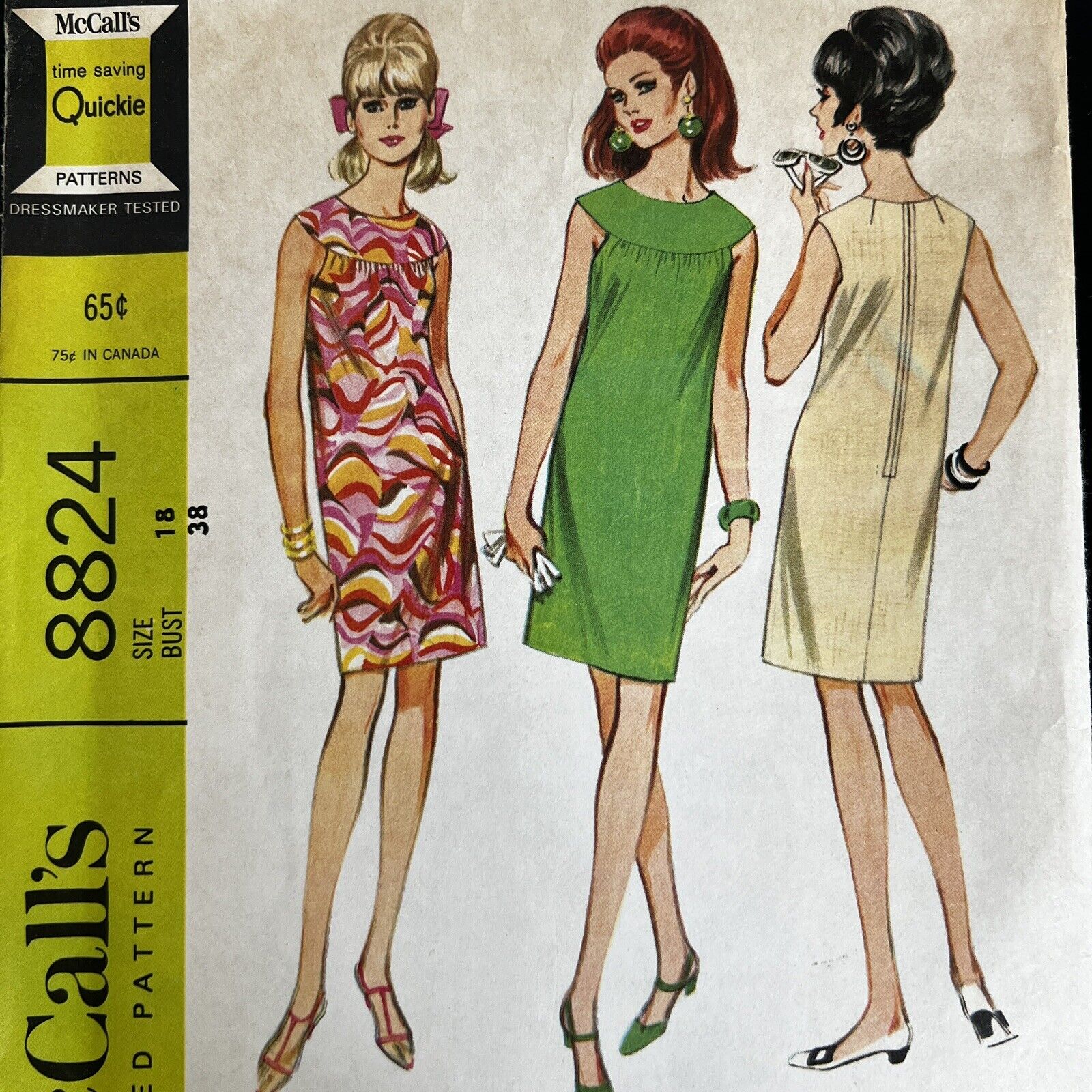 vintage 1960s McCalls 8824 Mod Front Yoked  Gathered Dress Sewing Pattern 18 CUT