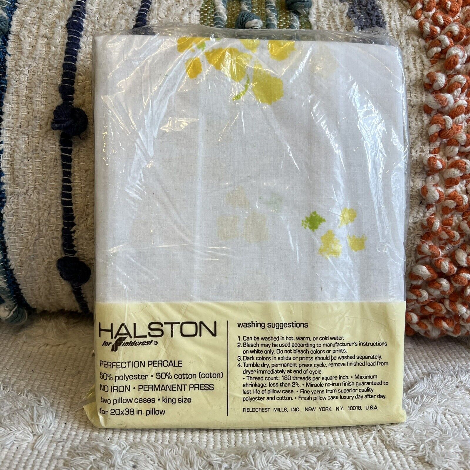 Vintage HALSTON for Fieldcrest Set of 2 King Pillowcases White & Yellow Floral