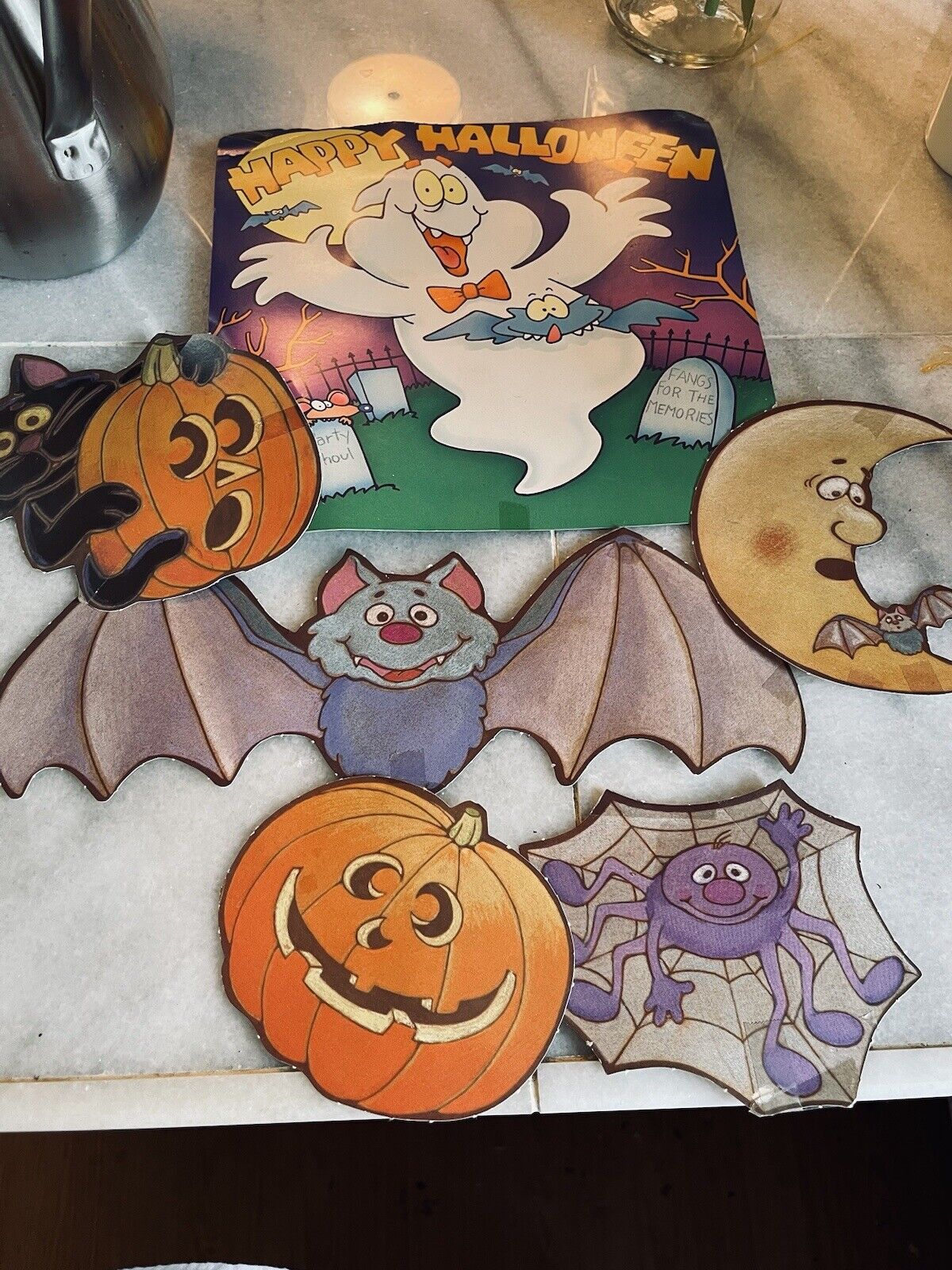 Lot of 6 VTG Halloween Die Cut Paper Cardboard Decorations Ghost Bat Spider