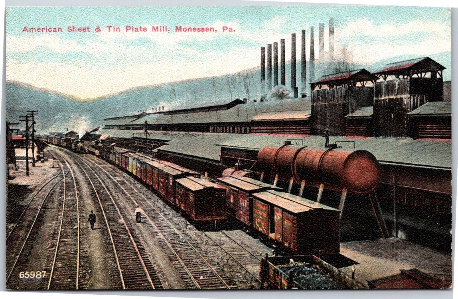 Monessen PA American Sheet & Tin Plate Mill Railroad Yard Train Vintage Postcard