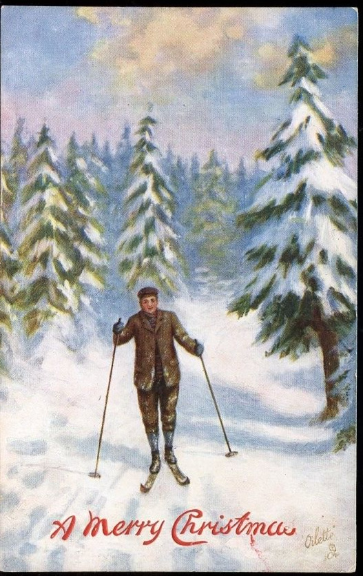 Antique Postcard A Merry Christmas Greetings Snow Ski Winter Sports Tuck Oilette