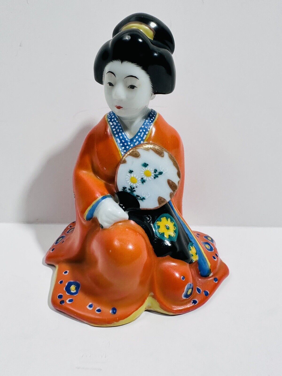 Vintage 1930s Orange Ceramic Japanese  Kutani Geisha Girl Figurine Holding Fan