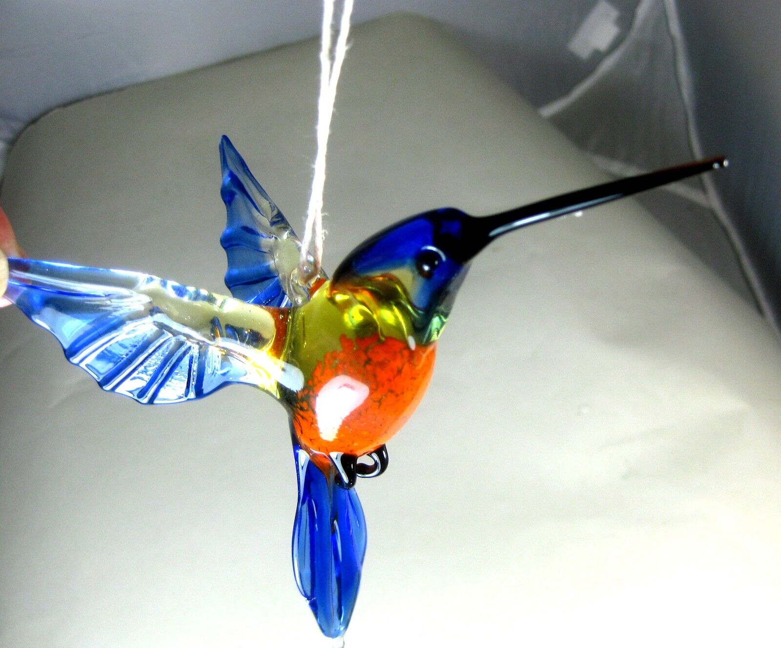 blown glass animal  hummingbird figurine hanging ornament murano style blue 4.9