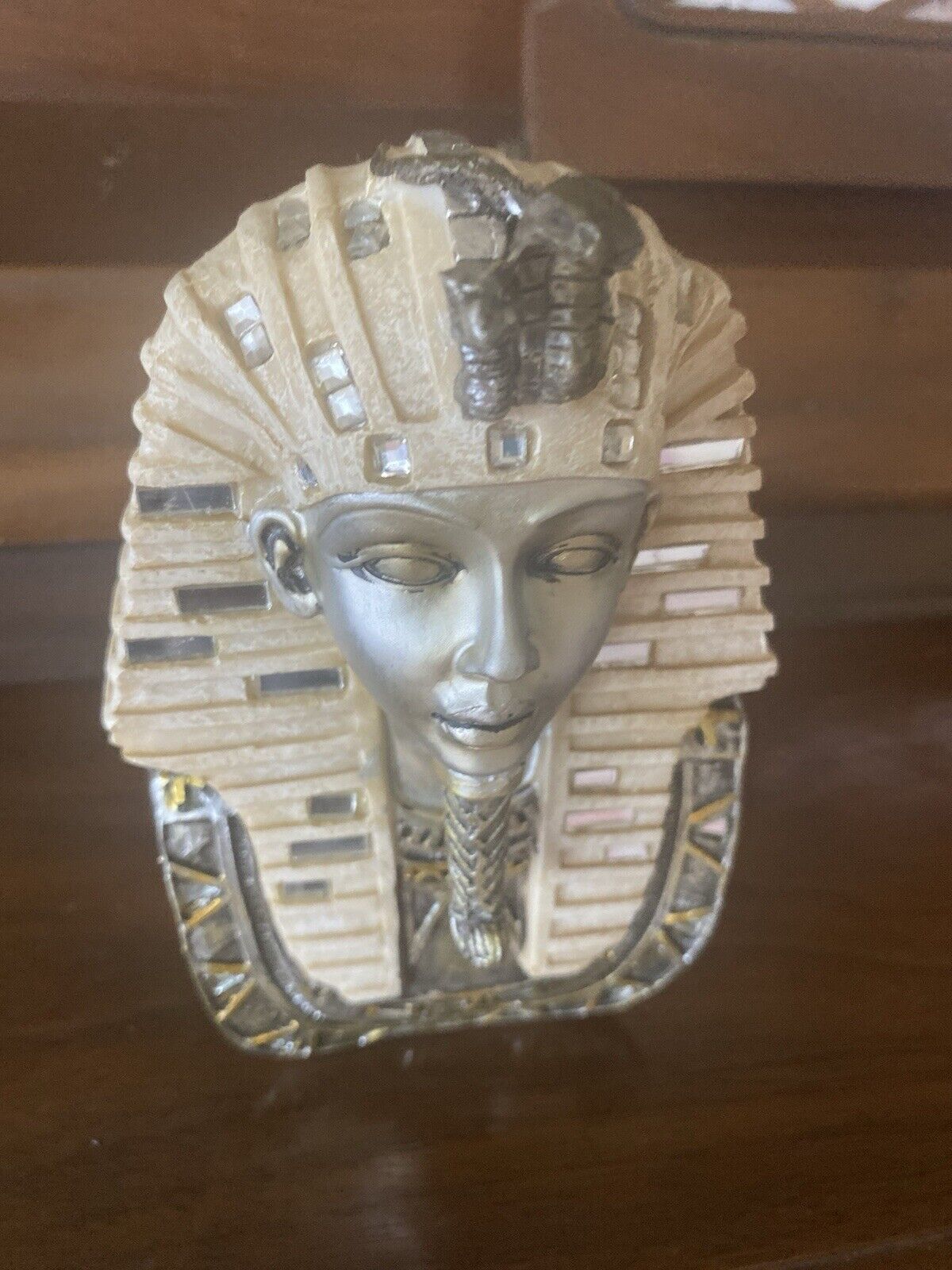 KING TUT MASK PHARAOH DESKTOP SILVER -PAINTED RESIN BUST STATUE * ANCIENT EGYPT