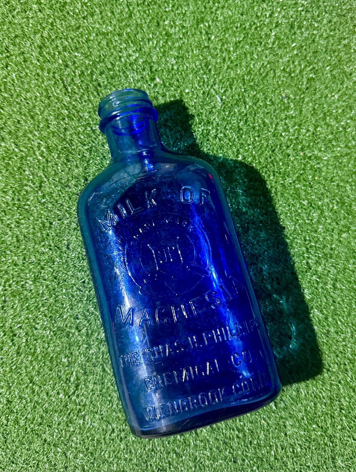 Cobalt Blue Glass Bottle PHILLIPS MILK OF MAGNESIA Vintage Antique USA Embossed