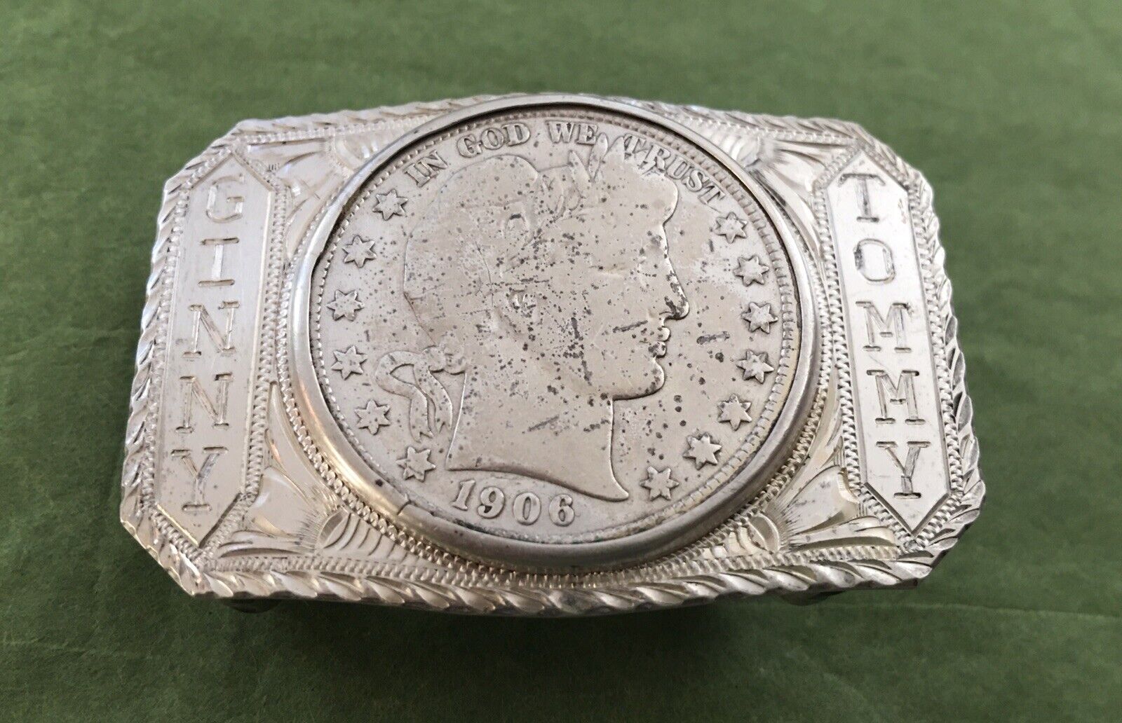 Rare Antique VTG Sterling Silver 1906 Barber Half Dollar USA Coin Belt Buckle