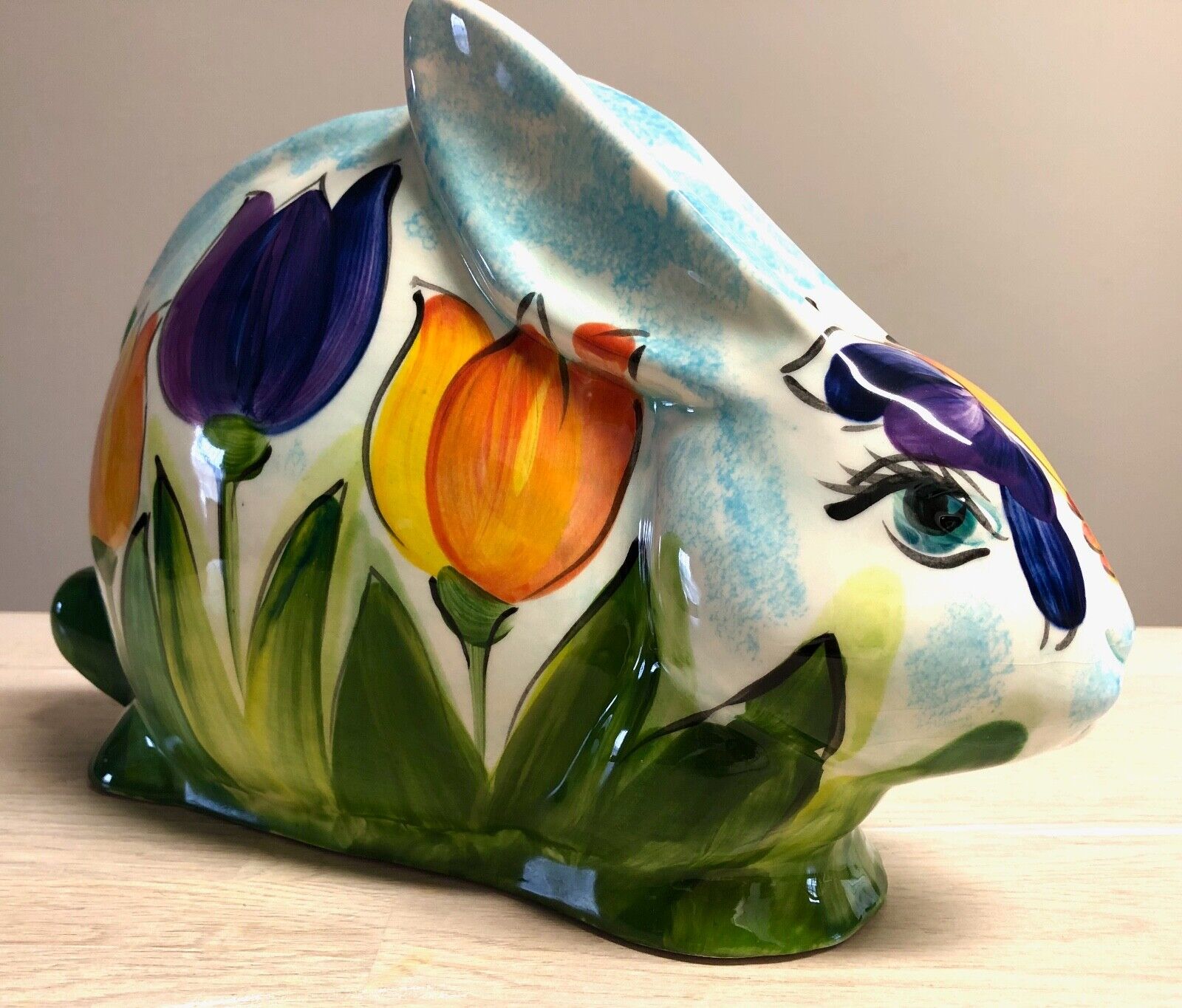Anatoly Turov Ceramic Bunny With Tulips And Butterfly Signed Foil Label VTG 1962