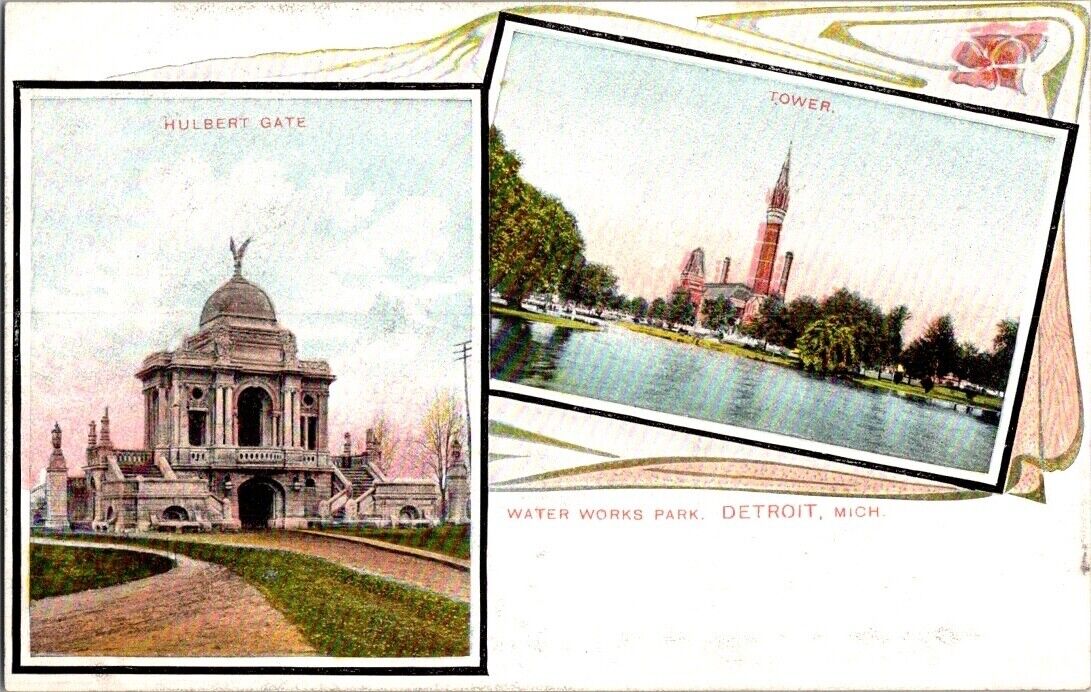 Antique Detroit MI Michigan Hurlburt Gate Tower Water Works Park Postcard