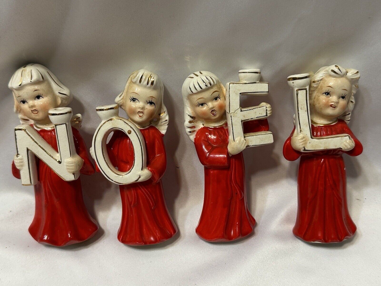 Vtg Christmas Angels Noel Relco Candleholders Set Japan Red Dress Has Repairs