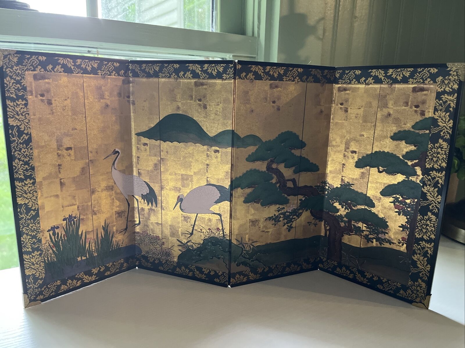 Mini folding screen pine and crane painting Japanese masterpiece 9.5”x18”