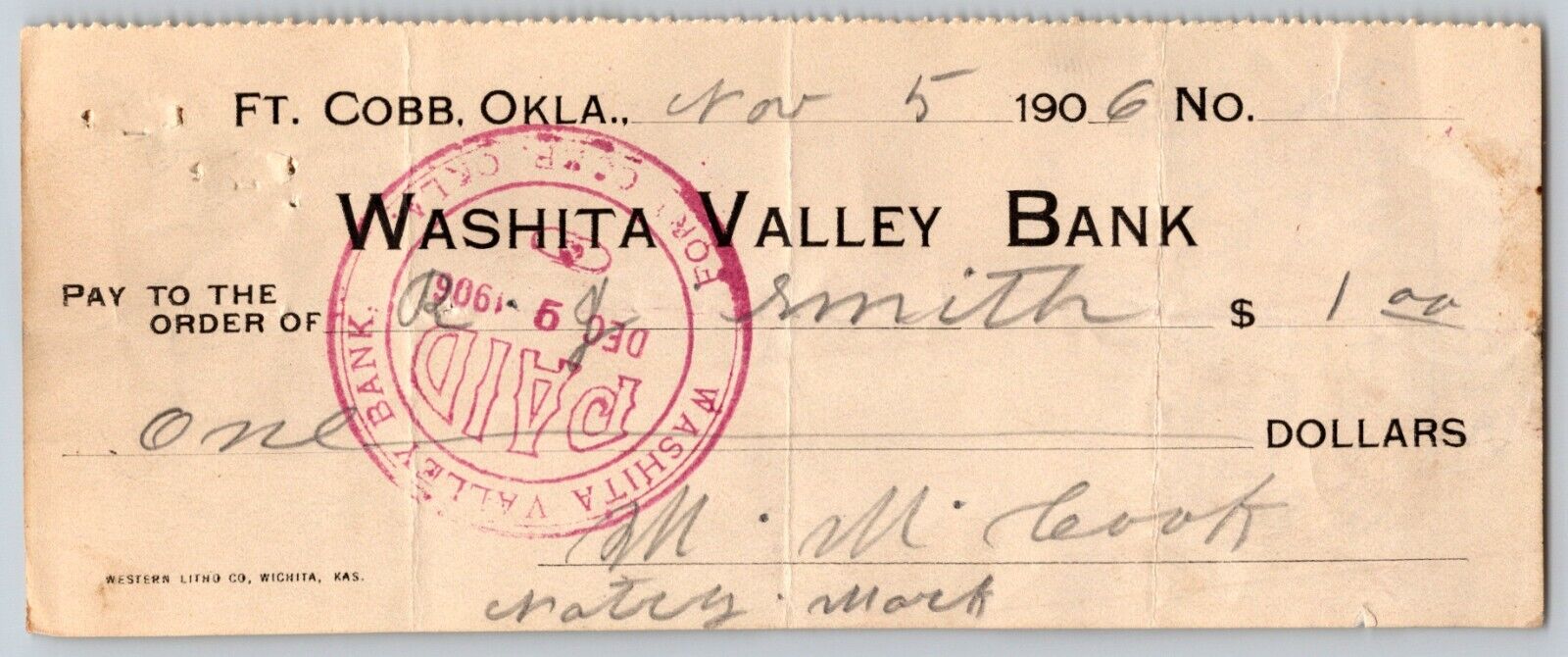 Fort Cobb Territorial Oklahoma 1906 Washita Valley Bank Check Scarce