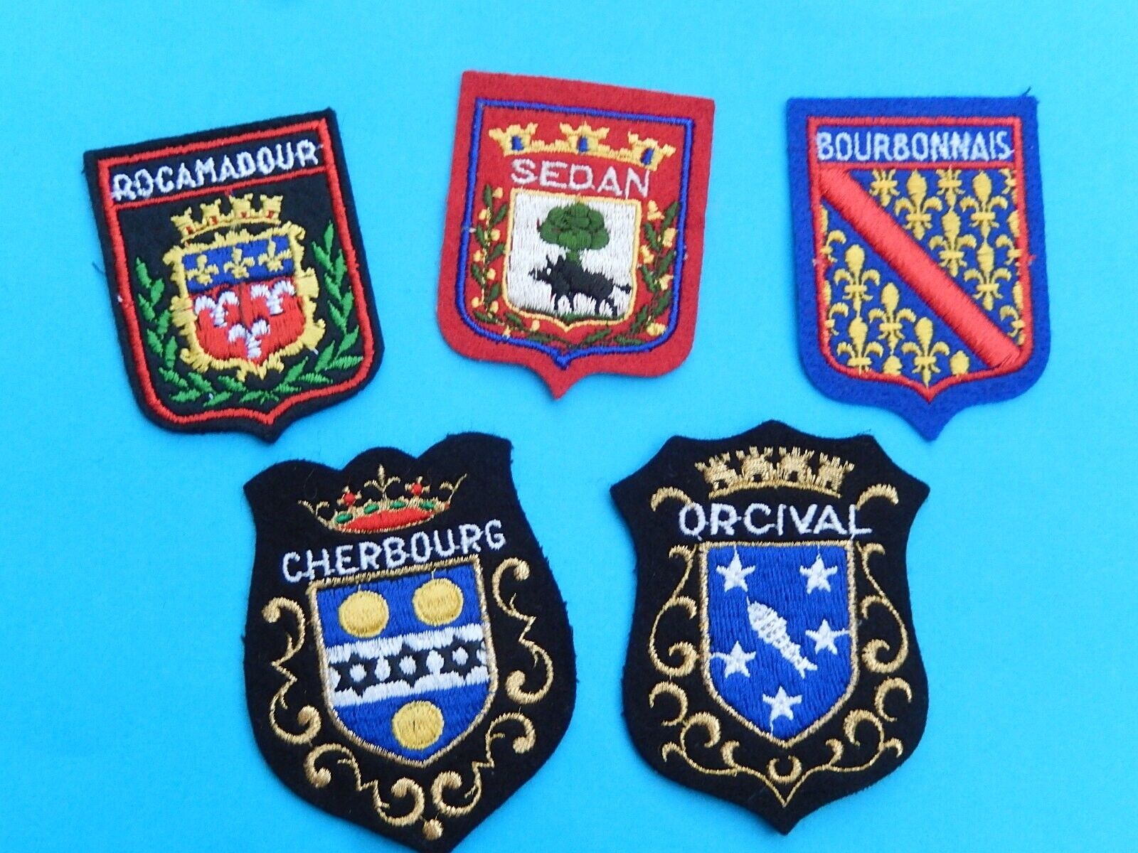 LOT 5 Vintage French EMBROIDERED FABRIC PATCH ROCAMADOUR SEDAN CHERBOURG ORCIVAL