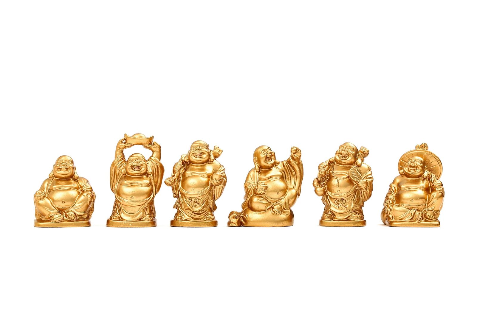 Brabud Feng Shui 2\'\' Golden Resin Laughing Buddha Statue Figurines Set Of 6 Bs01
