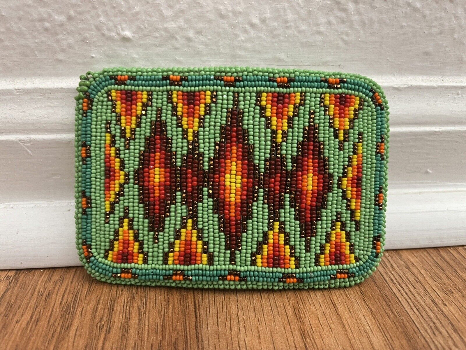 Vintage Native American Belt Buckle Micro Beaded Leather Backing Green Red Yello