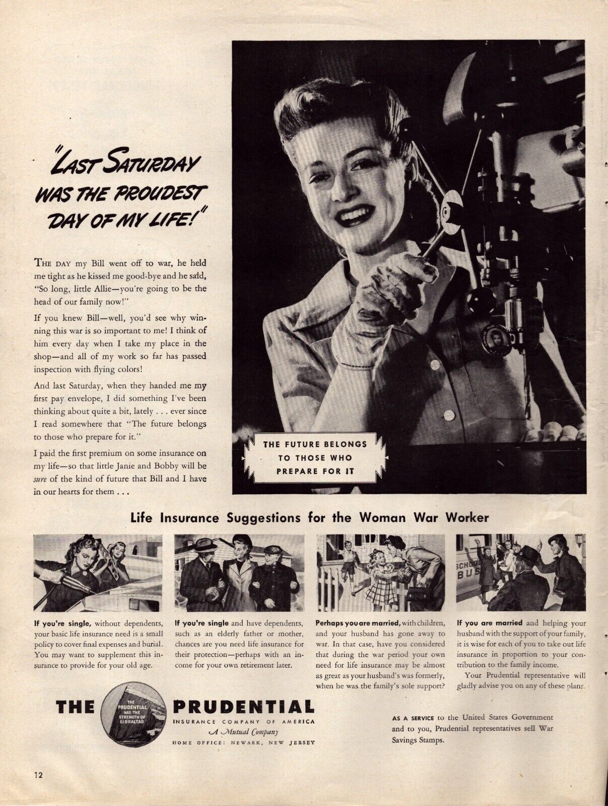 Print Advertisement 1943 The Prudential Insurance Woman War Worker War Stamps