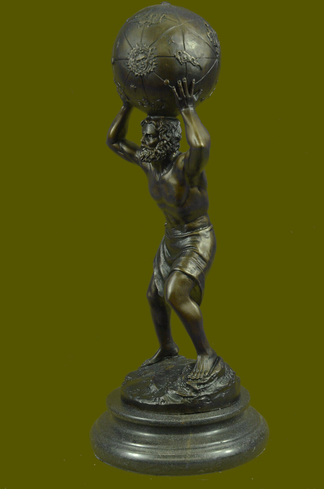 100% Bronze Atlas Holding Up Celestial Sphere Statue/Sculpture Art Deco Nouveau