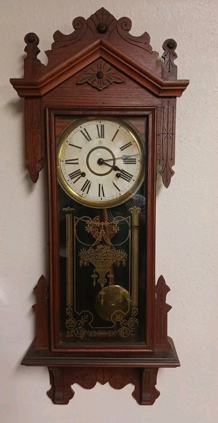 Vintage Gilbert Wall Clock Eastlake Style Works Keeps Good Time 36\