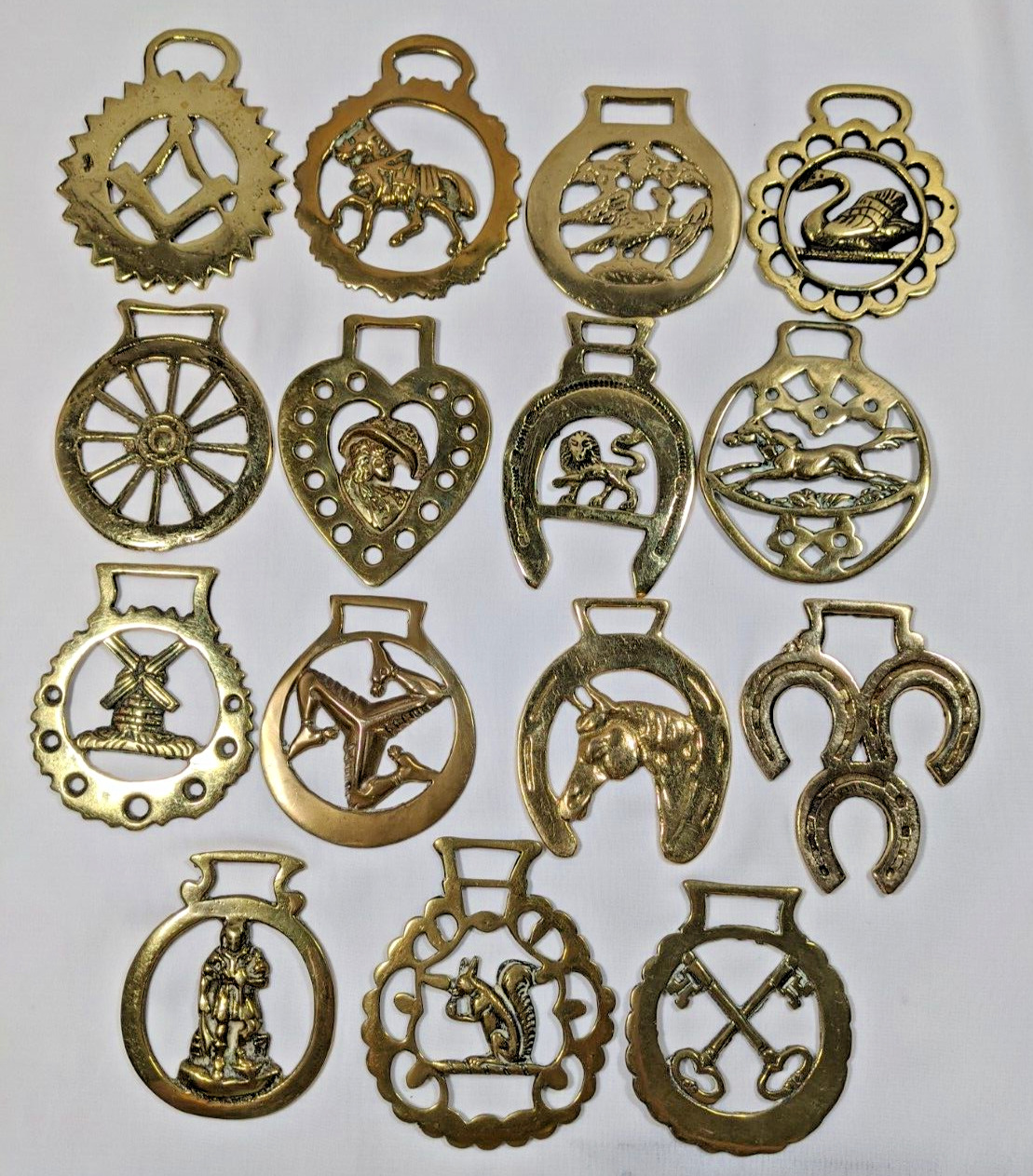 Brass Horse Medallion Lot of 15 Vintage Swan Squirrel Geo Cross Keys Eagle Lion