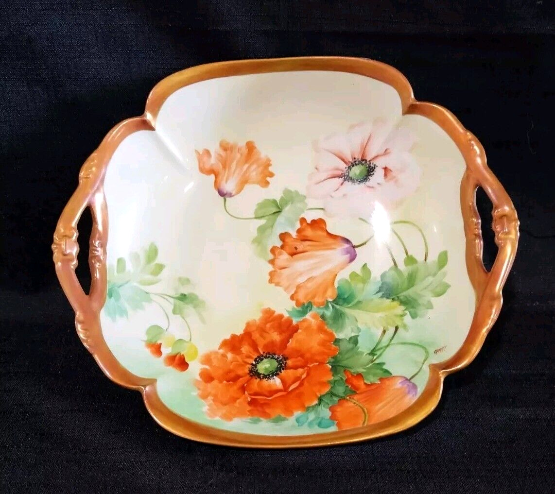Richard Ginori Hand Painted Poppies Floral Signed Bowl With Handles Italy