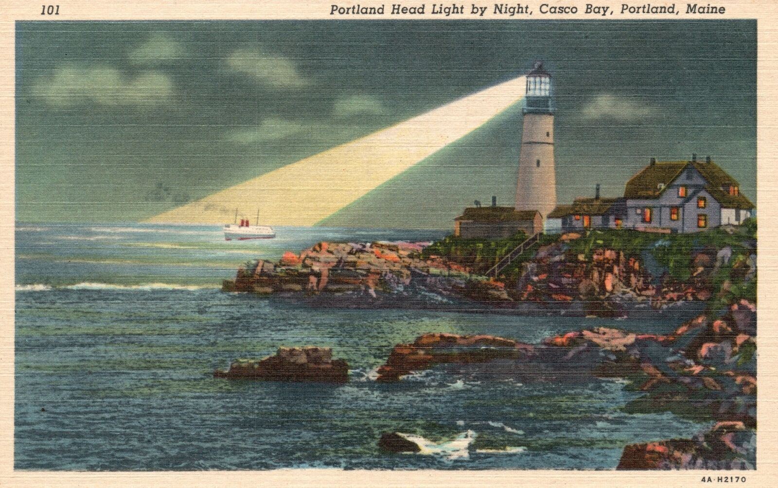 Vintage Postcard Portland Head Light By Night Casco Bay Portland Maine PNC Pub.