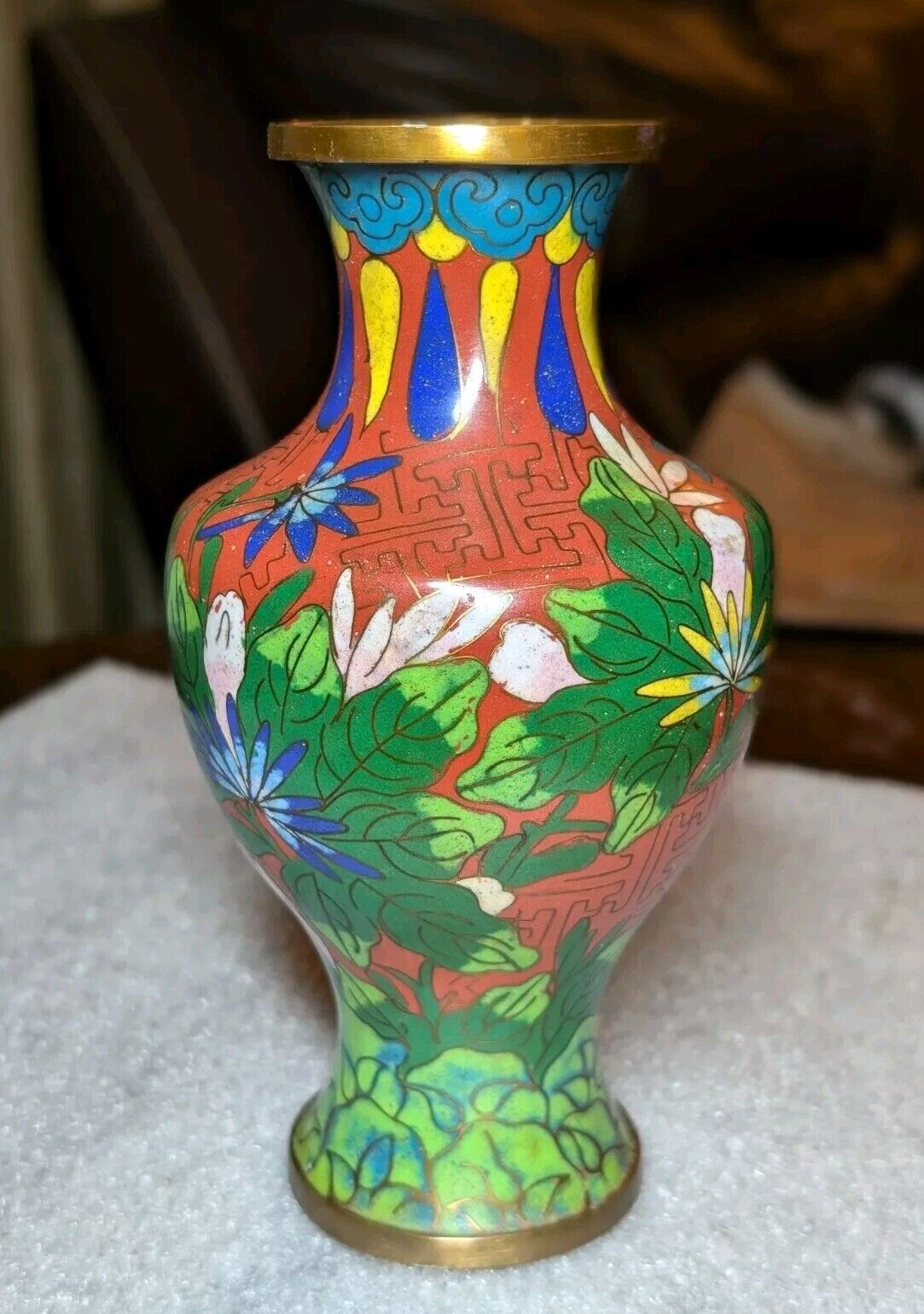 Vintage Chinese Cloisonne Floral Red And Multicolored Enameled Brass Vase 