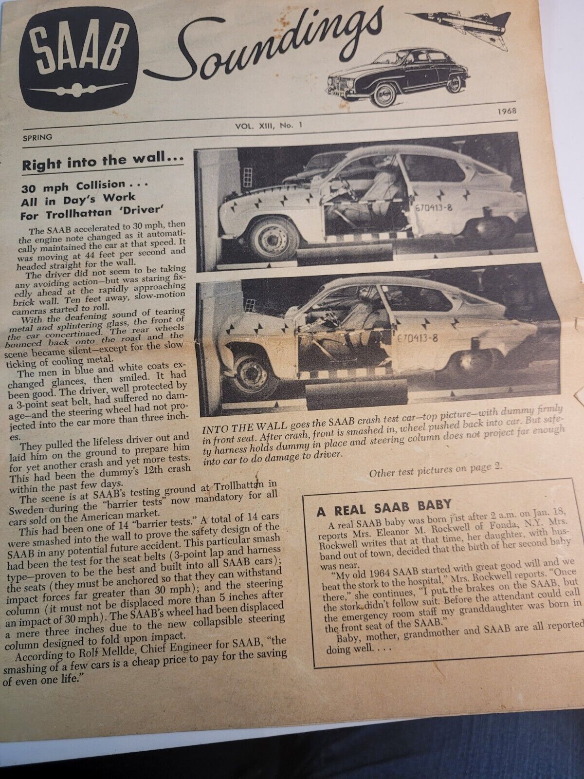 1968 SAAB SOUNDINGS Vol XIII #1 Motor Newsletter 4 Pages Pictures Black& White