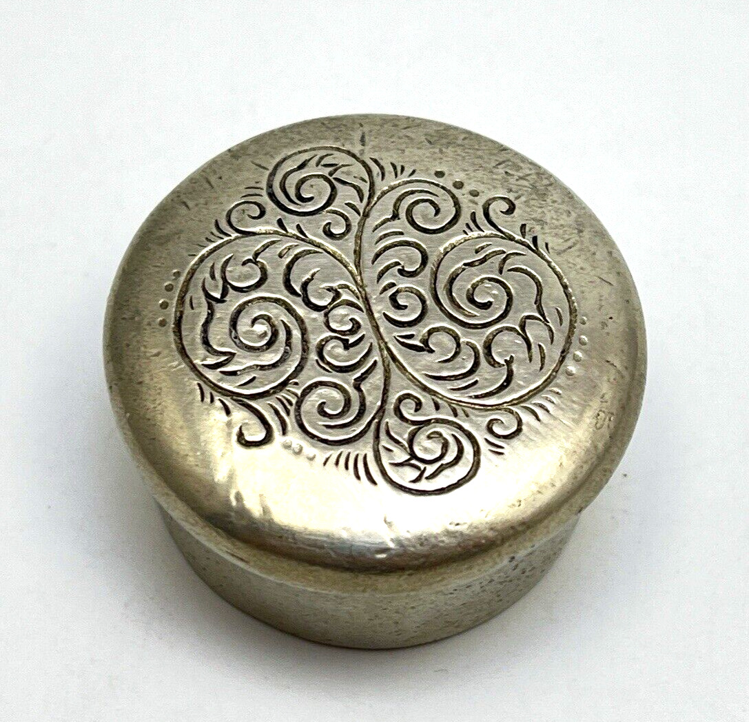 Cast Loose Lidded French Etain Pewter Marked Round Etched Scroll Trinket Pill