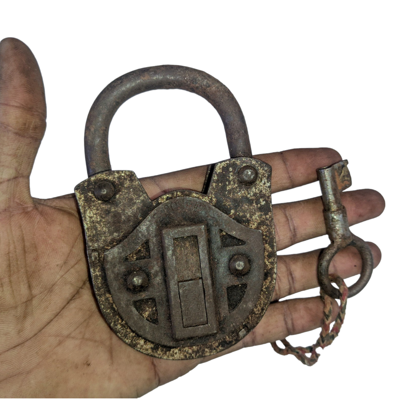Vintage Old Antique Brass Rare Unique Shape Handmade Lock & Iron Key , Germany