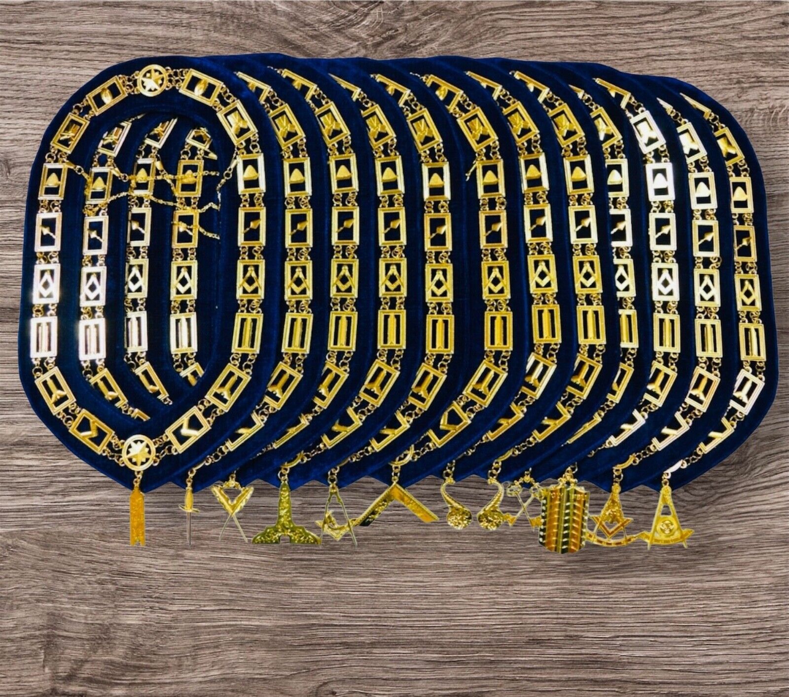 BLUE LODGE MASONIC Regalia CHAIN COLLAR WITH OFFICER GOLDEN JEWELS SET of 12