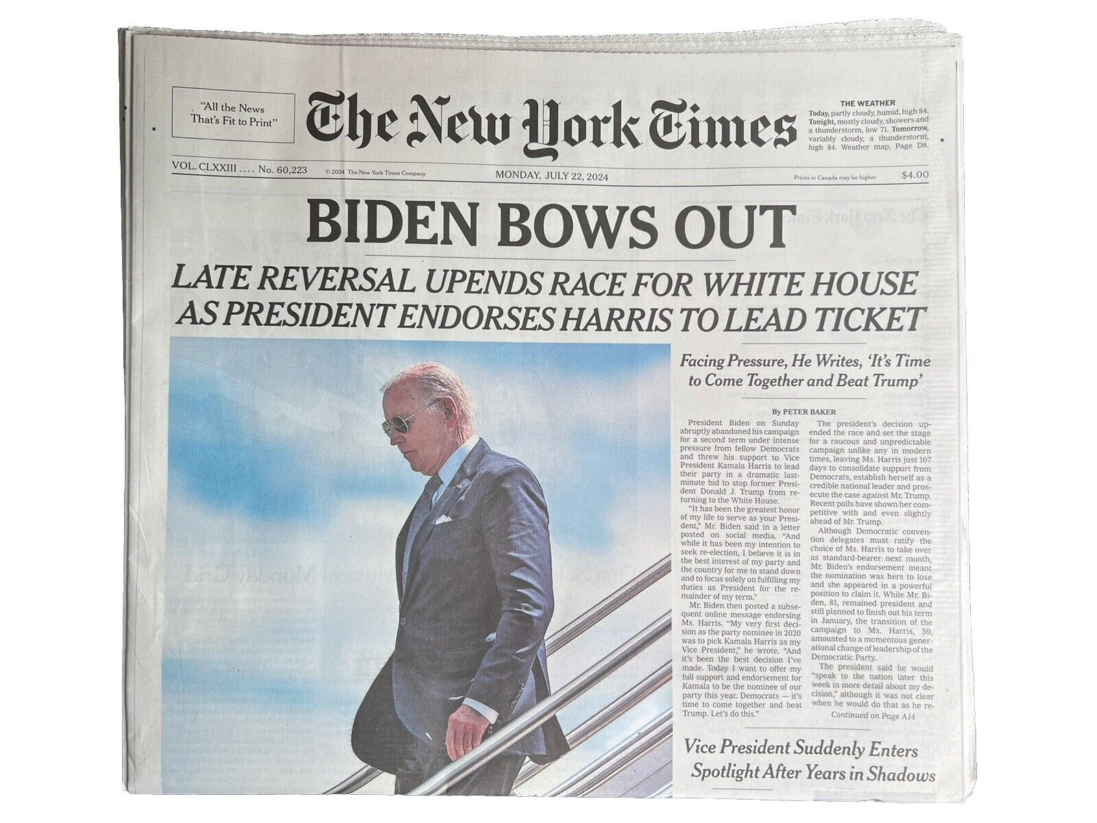JOE BIDEN BOWS OUT NEW YORK TIMES NEW YORK NEWSPAPER JULY 22 2024