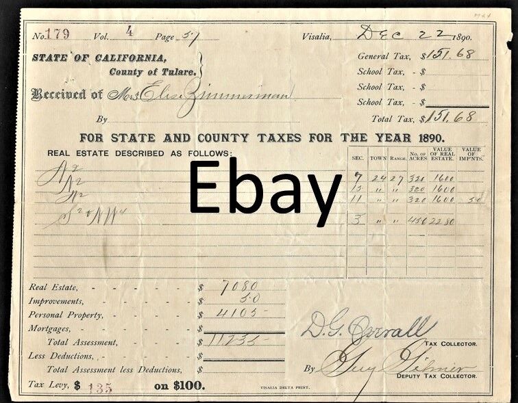 1890 State of California - County of Tulare - Restate Tax - Elise Zimmerman