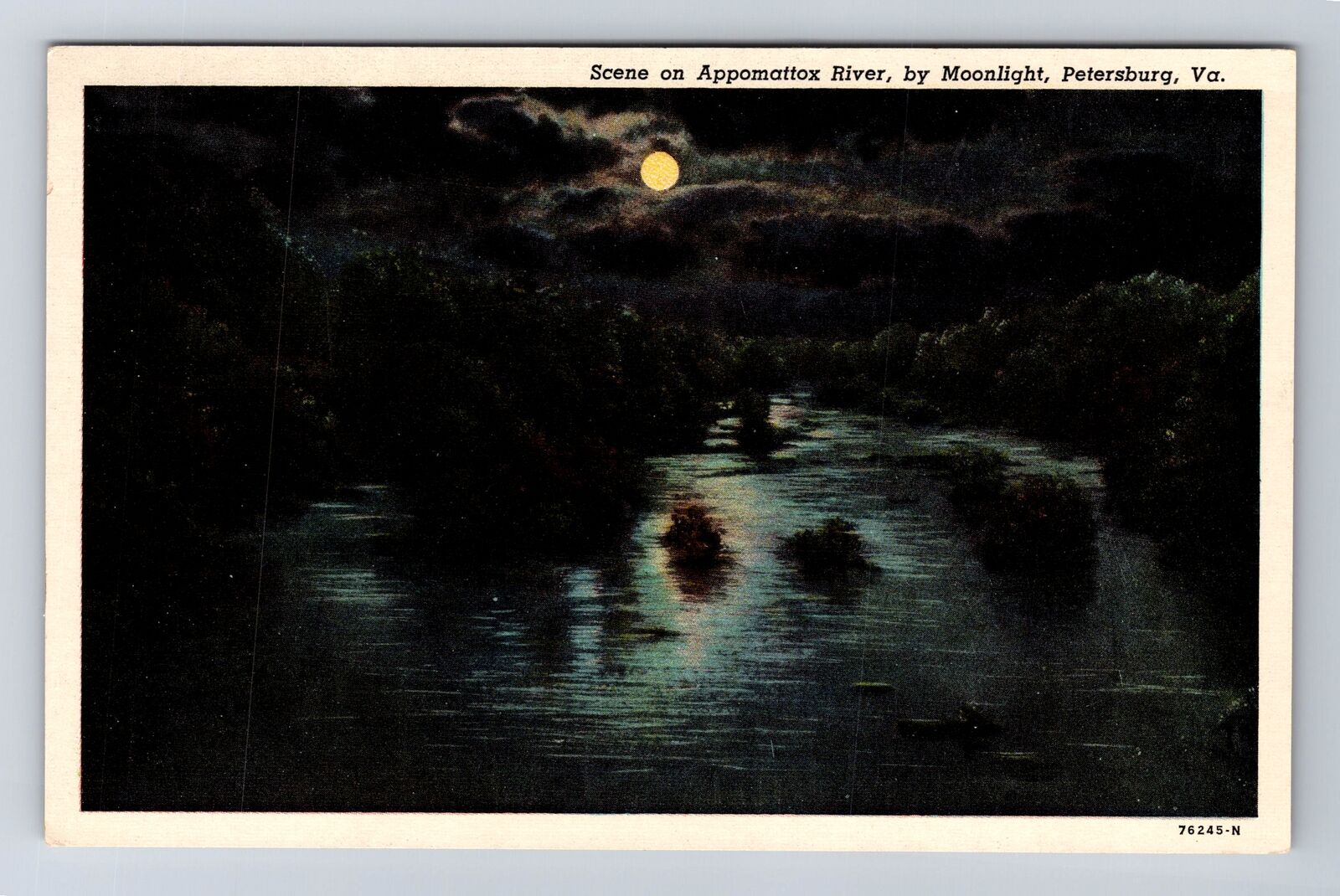 Petersburg VA-Virginia, Moonlight on Appomattox River, Antique Vintage Postcard