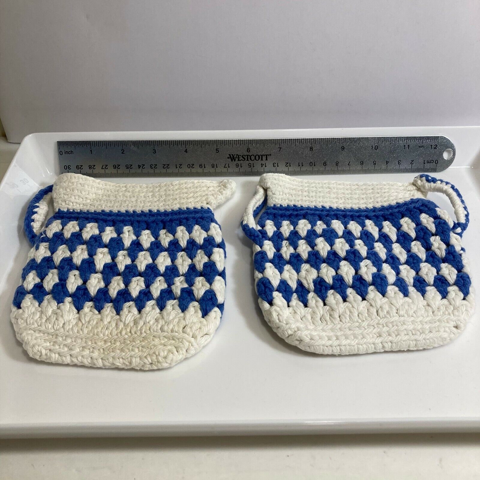 2 VTG. Unique Hand Crocheted Sugar Creamer  Pot Holder/Hot Pads Blue White