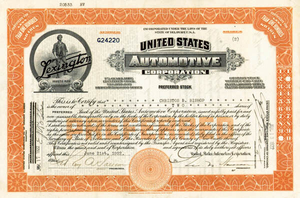 United States Automotive Corporation - Stock Certificate - Automotive Stocks