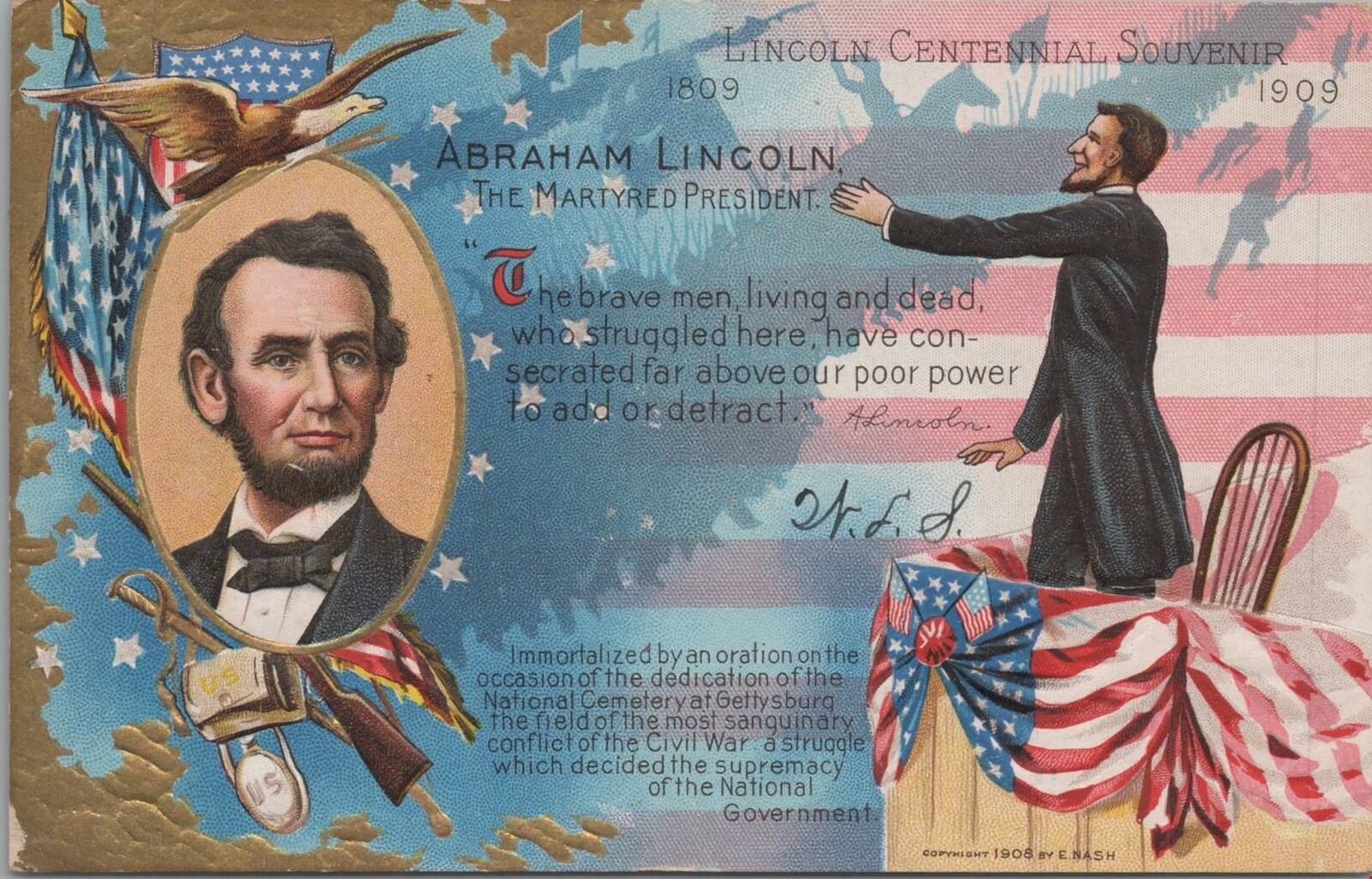 Patriotic Postcard Abraham Lincoln Martyred President 1809-1909