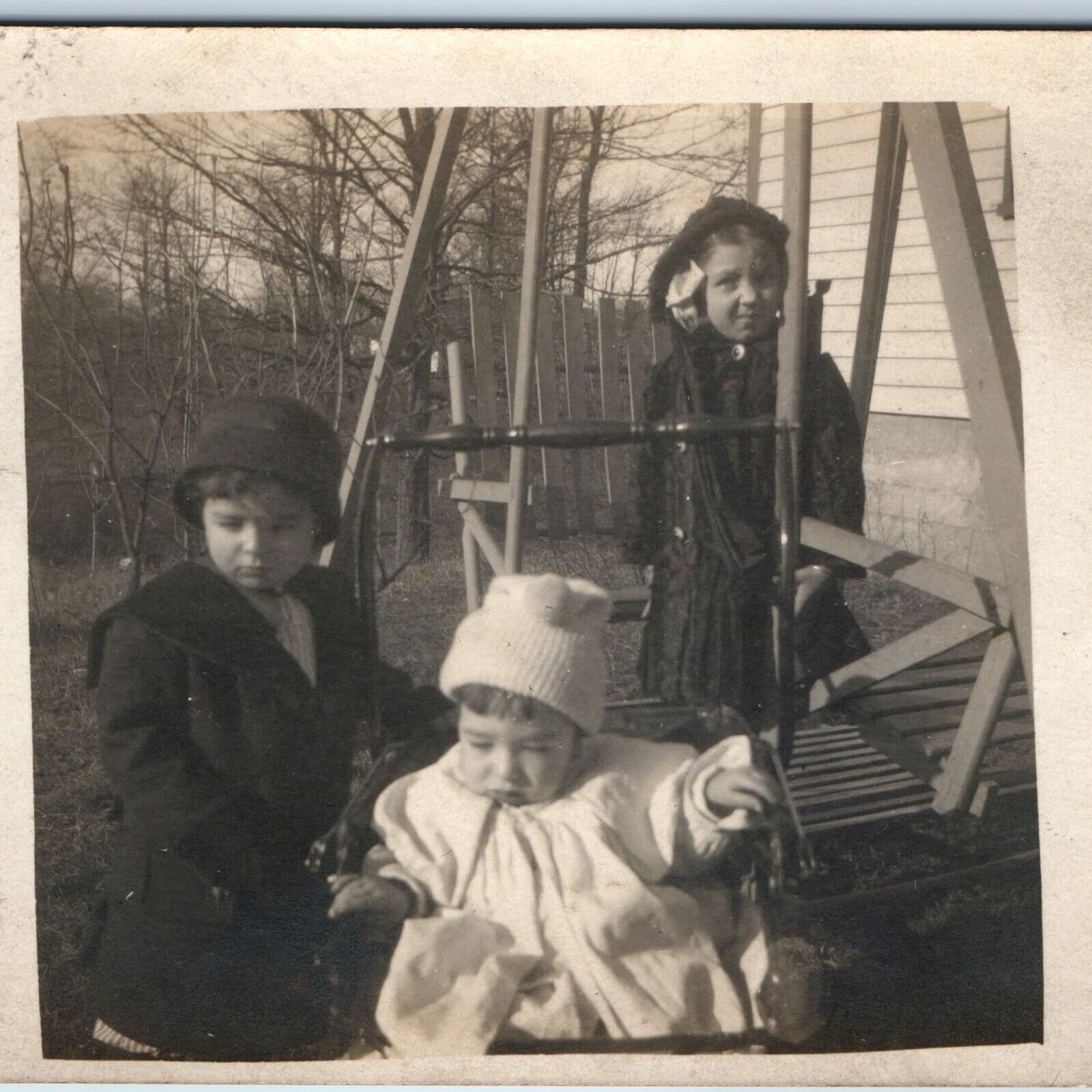 c1910s Cute Group Children Outdoor RPPC Swing Baby Girls Fashion Real Photo A261